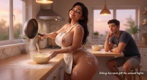 Curvy Latina bakes naked under tiny apron while her young stepson watches every move (AI generated)