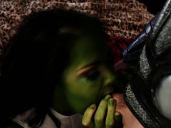 Green cock gobbling super hero gets cock