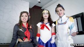 ”Three BESTFRIEND cosplay sluts gangbang a pervy dude”