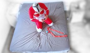 Red catsuit white boots tight rope bondage solo session