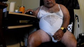 Mark Fletcher wearing white lingerie