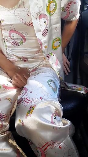 Crossdressing and Cum Inside Satin Pajamas with Kimono Set