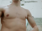 sexy guy shows perfect body and shaves armpits in the shower