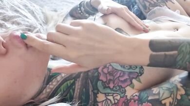 Hot blonde tattoos ride dildo to wild solo orgasm in home video