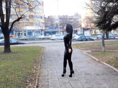 Brunette in outdoor public humiliation