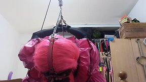 Redone crossdresser maid strappado with larger sextoy, weights, and more straps