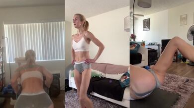 Skinny blonde flexes in booty shorts small tits glisten