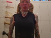 Sissy in navy dress needs cock