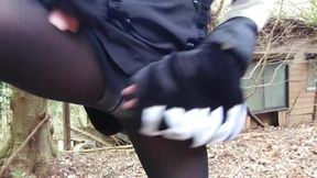 Transgender tearsoff clothes masturbates with piss n handjob in the forest