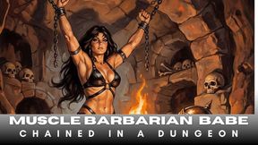 Muscled Barbarian woman is suspended in bondage chains from the ceiling and struggles to break free