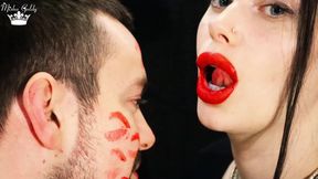 Covering Alex face with red lipsticks kisses