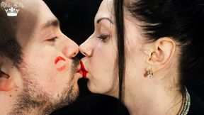 Covering Alex face with red lipsticks kisses