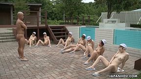 Kinky swimming coach makes nude girls masturbate pussies by the poolside