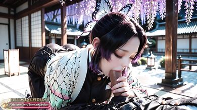 Shinobu Kocho fucks in a night garden with blooming wisteria. 3d Hentai Ai generated anime porn