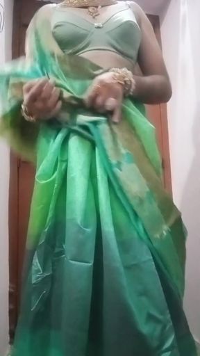 Indian Gay Crossdresser Bottom Gaurisissy pressing and playing with her big boobs in blue saree real homemade sex   Clip 2