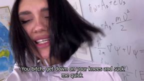 Petite teacher blows and fucks her colleague with a big dick in the classroom