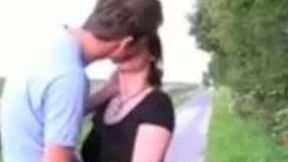 Horny babe with juicy jugs wanna fuck on a road outdoor