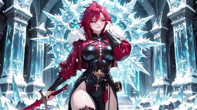 Parted robe teases crystal hall with red-haired sorceress