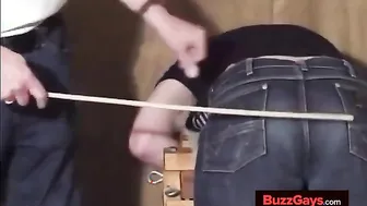 Asian twink caned over tight jeans by older daddy