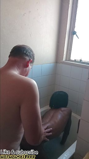 Grandpa daddy get best blowjob &amp; fuck by skinny petite hot black slut in bathtub doggystyle ( bathroom sex )