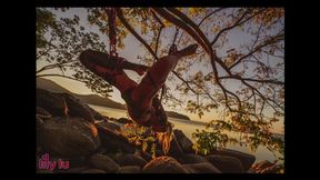 Tattooed babe suspended in Shibari bondage on Thai beach