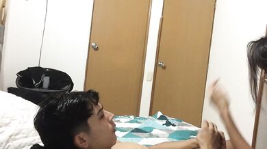 Thin brunette rides bosses cock while sucking husbands with tiny tits