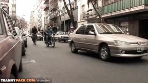 Public sex scene with brunette tranny Marian Ferrero and her