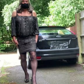 Horny driveway wank and strip in stockings and heels