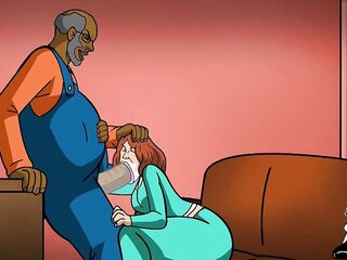 Toon woman with a giant booty is sucking a large, ebony knob and getting stuffed with it
