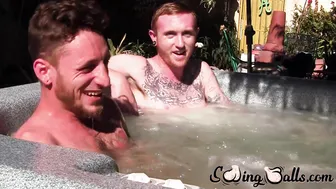 Tattooed ginger jock jerks off with lover after leaving jacuzzi