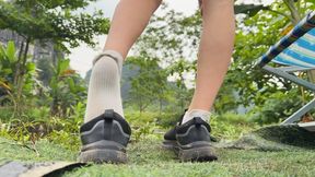 Sweaty Outdoor Foot Tease: My Tiny, Pedicured Feet in Hubby's Filthy, Stinky Socks & Muddy Shoes After Bike Ride – Potent Sweat Mix for Sock Lovers!