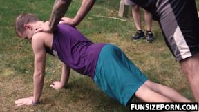 Cute twink takes hardcore raw fucking from tattooed daddy