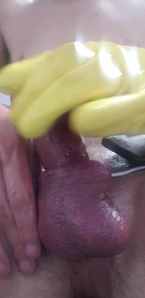 Cock Wanking with Rubber Gloves