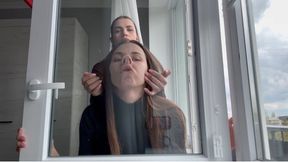 Alina and Nastya are smushing their faces against the glass (custom video)