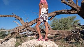 Beautiful little femboy strips naked in public heels pink dress destroyed
