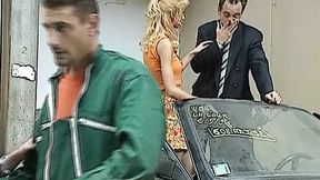 Sultry blonde and brunette Germans pleasuring their man in the showroom