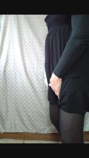 CD, black pantyhose, dress. Masturbates and cum.