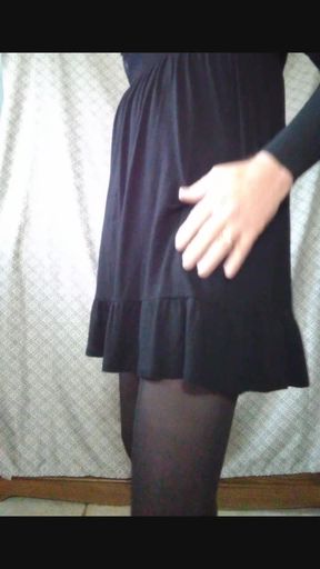 CD, black pantyhose, dress. Masturbates and cum.