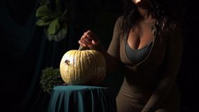 Horny Stoner girl strokes pumpkin stem after smoking