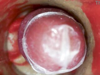 The camera inside the unfathomable vagina records a biggest jizz flow with a stuck cock-sock
