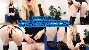 Peeping Tom. Stretching lesson with student. Upskirt, pantyhose