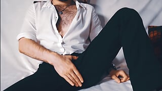 Listening to ASMR porn story and jerking off. Handsome man in Old Money style masturbates