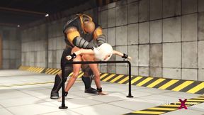 Sci-fi soldier pounds a bound woman in the bunker