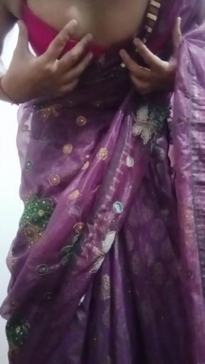 Indian Gay Crossdresser Bottom Gaurisissy showing her big boobs in purple saree   Clip 1