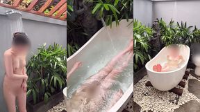 bathing in an outdoor bath in a foreign country with old men and chickens nearby