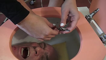 Toilet trash for pedicures and spit!  Madame Carla degrades her old slave as a pedicure slave and spittoon