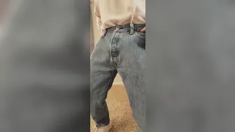 Solo twink reveals huge cock and balls in jeans before stroking