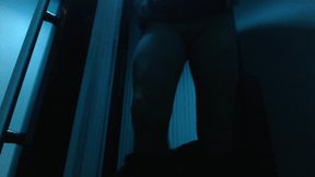 Very naughty and risky DP masturbation in public standup tanning booth