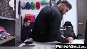 Tatted security officer sucked and milked by twink buddy