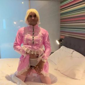 You pink pvc sissy is always ready to serve real men